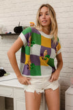BiBi Sequin Embroidery Mardi Gras Checker Sweater Top - Trendsi - Flyclothing LLC