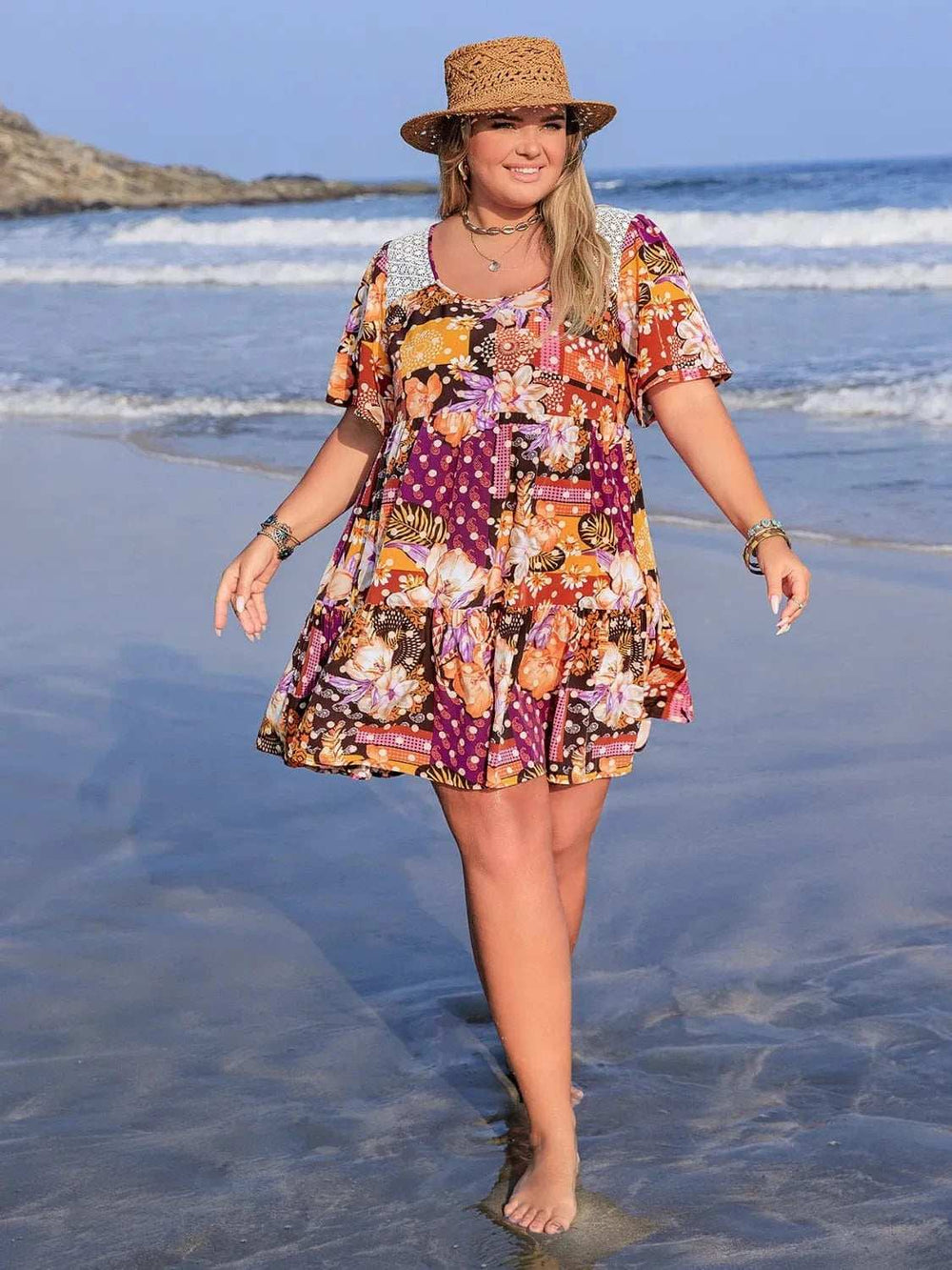 Plus Size Printed Round Neck Short Sleeve Dress - Trendsi - Flyclothing LLC