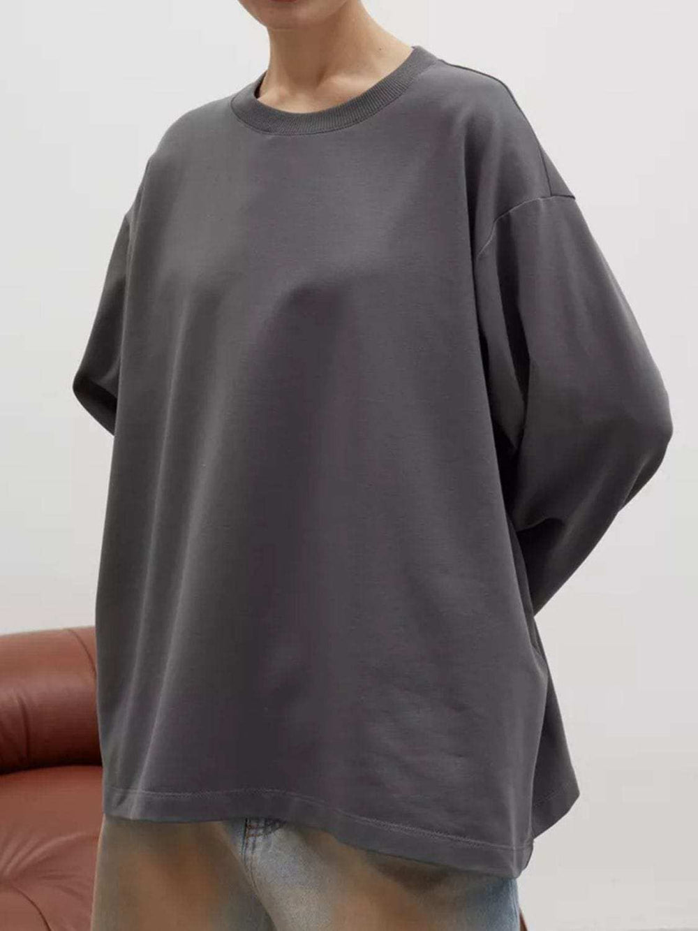 Round Neck Dropped Shoulder Long Sleeve T-Shirt - Trendsi - Flyclothing LLC