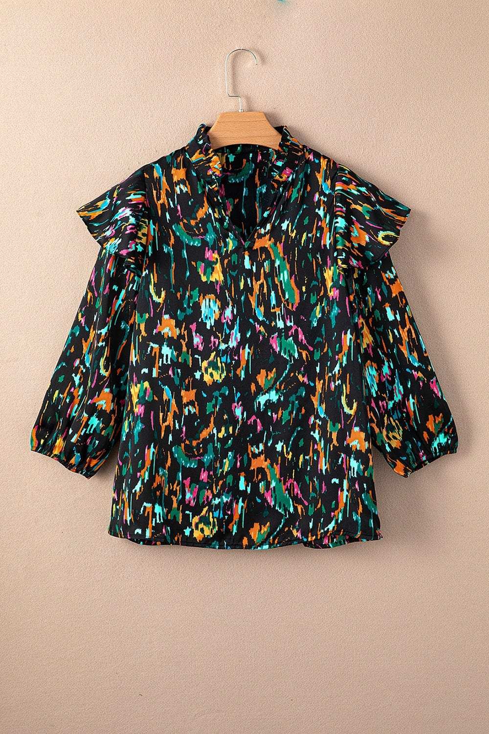 Abstract Print 3/4 Sleeve Ruffle Blouse - Trendsi - Flyclothing LLC