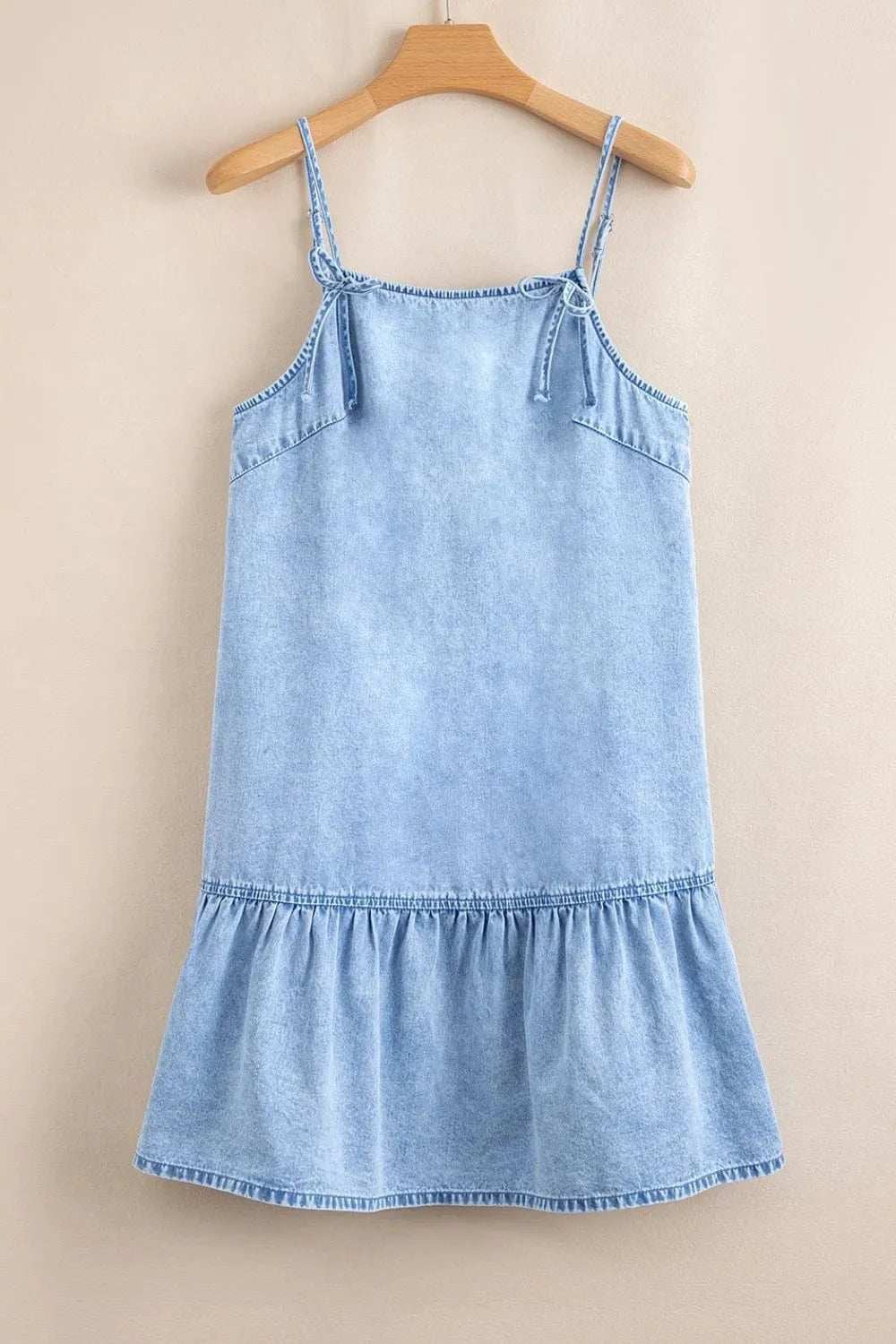 Bow Detail Spaghetti Straps Ruffle Hem Denim Dress - Trendsi - Flyclothing LLC