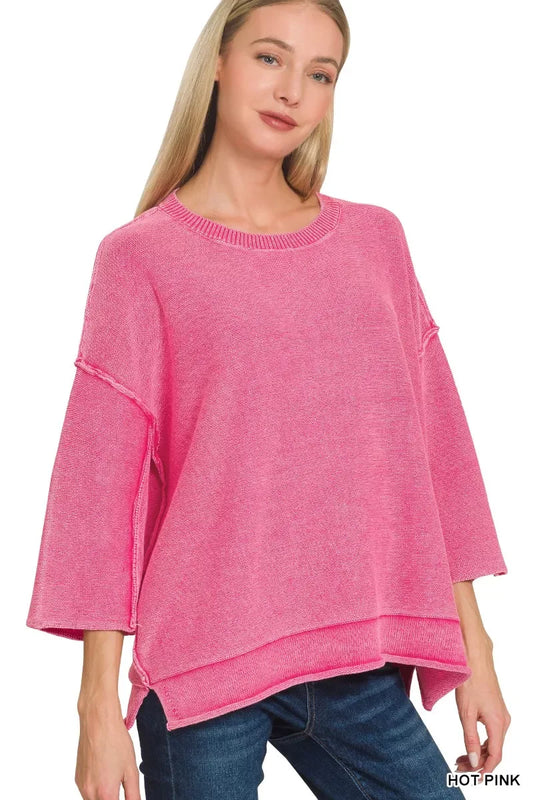 Zenana Washed 3/4 Sleeve Boxy Sweater - Trendsi - Flyclothing LLC