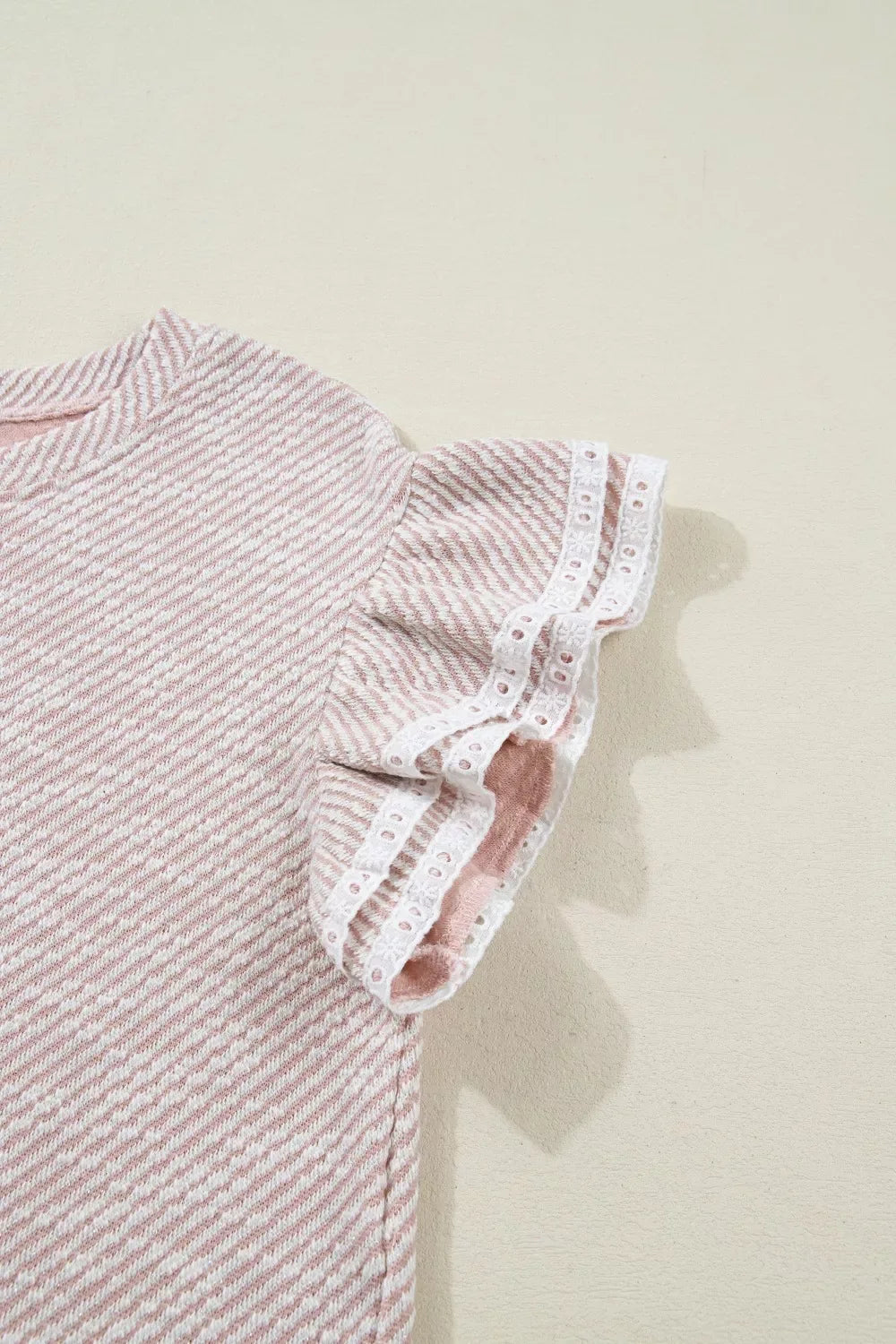 Twilled Print Lace Trim Ruffled Short Sleeve Blouse - Trendsi - Flyclothing LLC