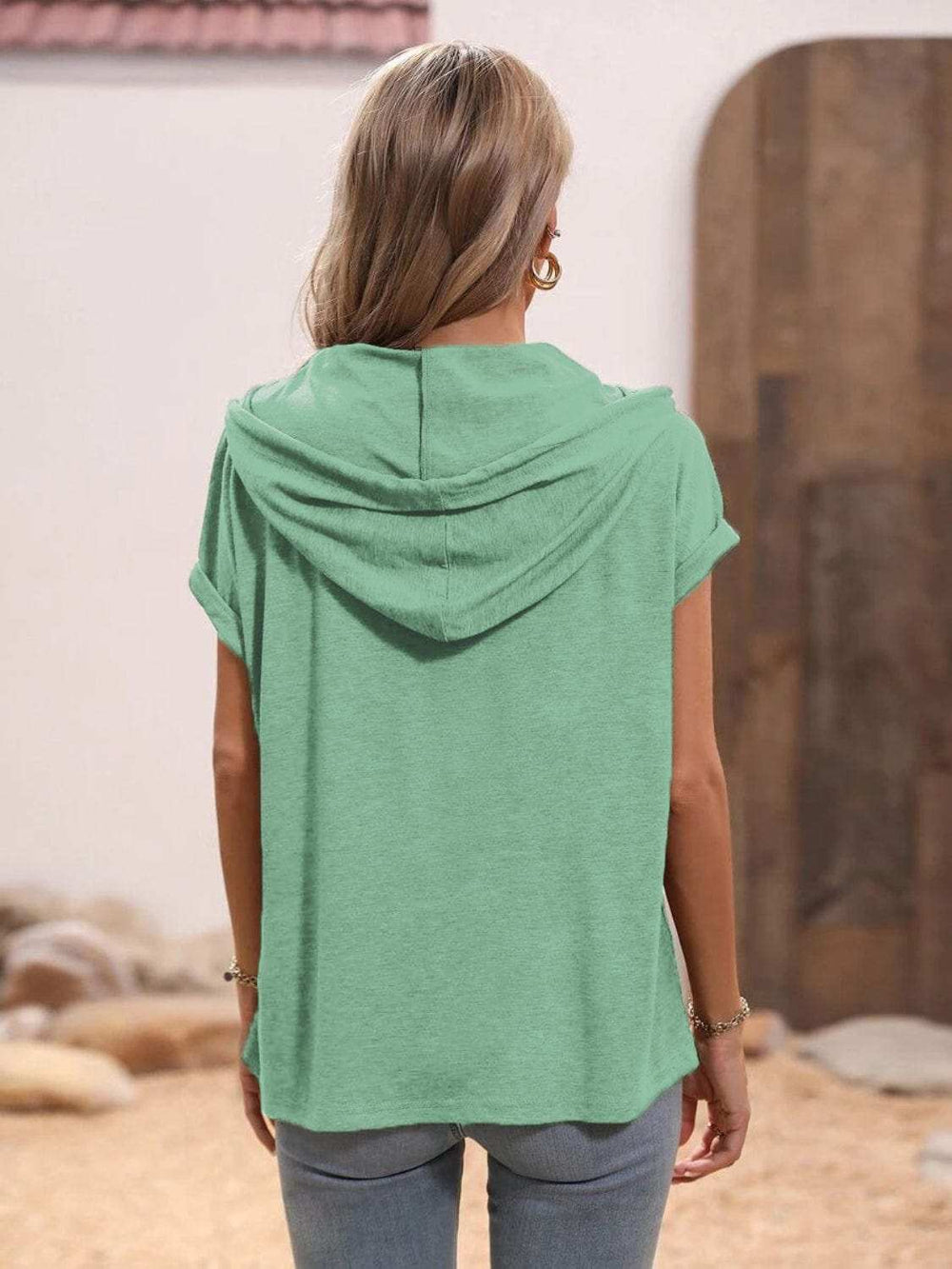 Half Button Hooded Short Sleeve Blouse - Trendsi - Flyclothing LLC