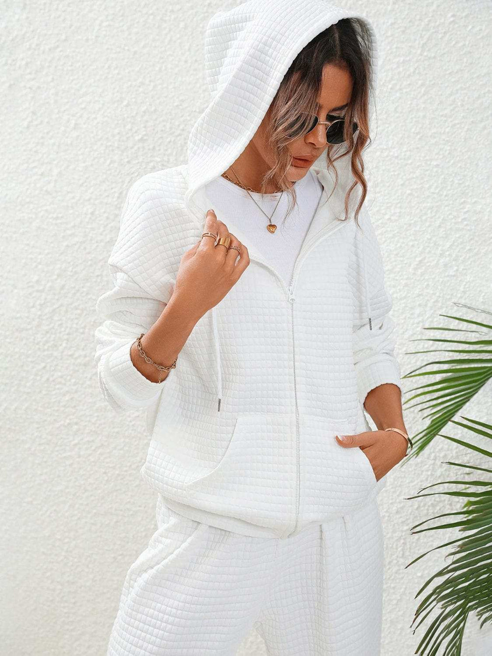 Plaid Texture Zip Up Hooded Jacket - Trendsi - Flyclothing LLC