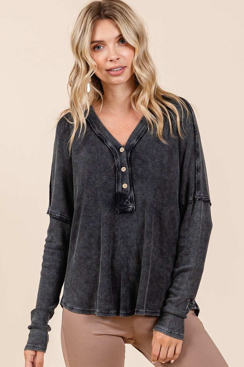 Mittoshop Washed V-Neck Long Sleeve Blouse - Trendsi - Flyclothing LLC