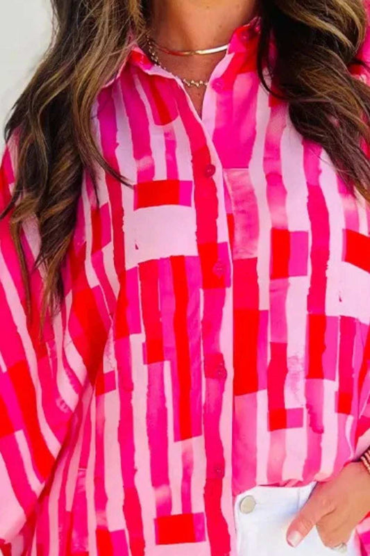 Color Block Collared Neck Long Sleeve Shirt - Trendsi - Flyclothing LLC