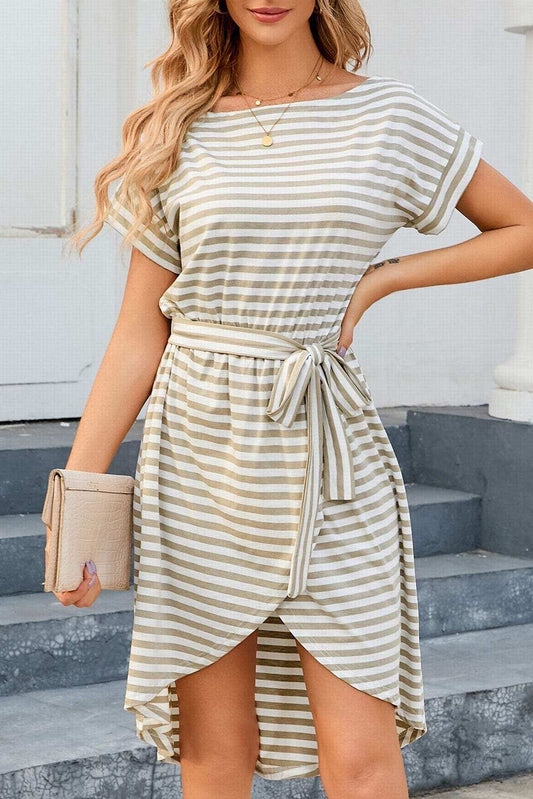 Tied Striped Cap Sleeve Dress - Trendsi - Flyclothing LLC