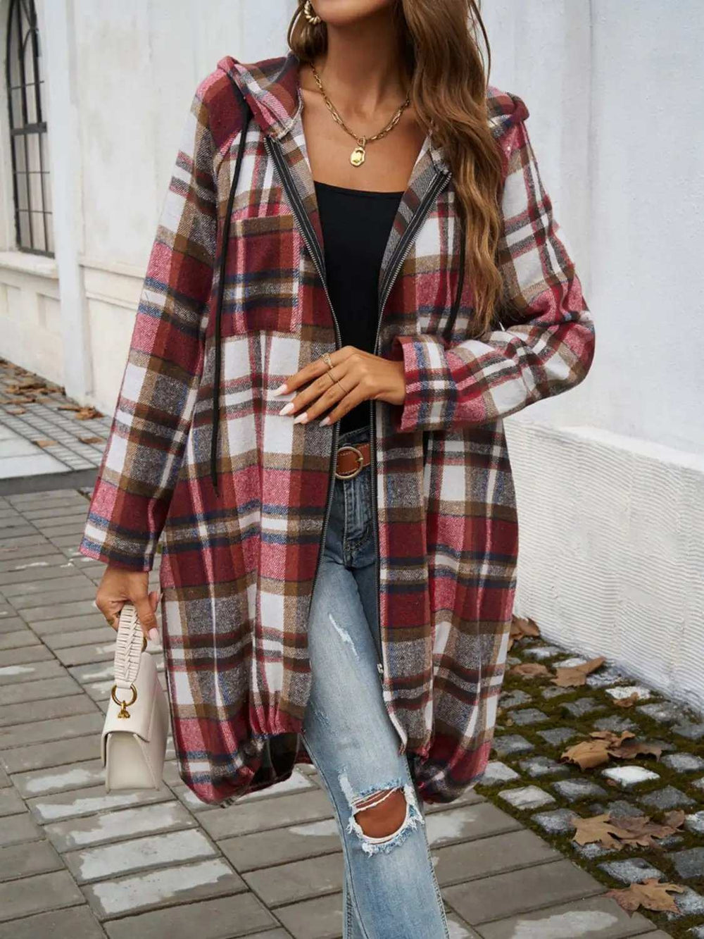 Plaid Zip Up Hooded Coat - Trendsi - Flyclothing LLC