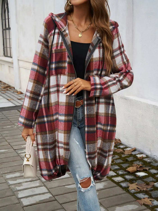 Plaid Zip Up Hooded Coat - Trendsi - Flyclothing LLC