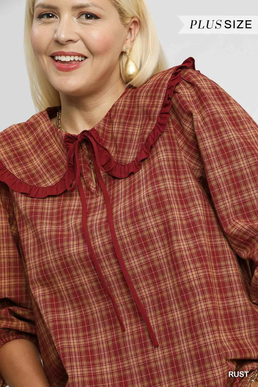 Umgee Full Size Plaid Ruffle Collar Blouse Plus Size - Trendsi - Flyclothing LLC