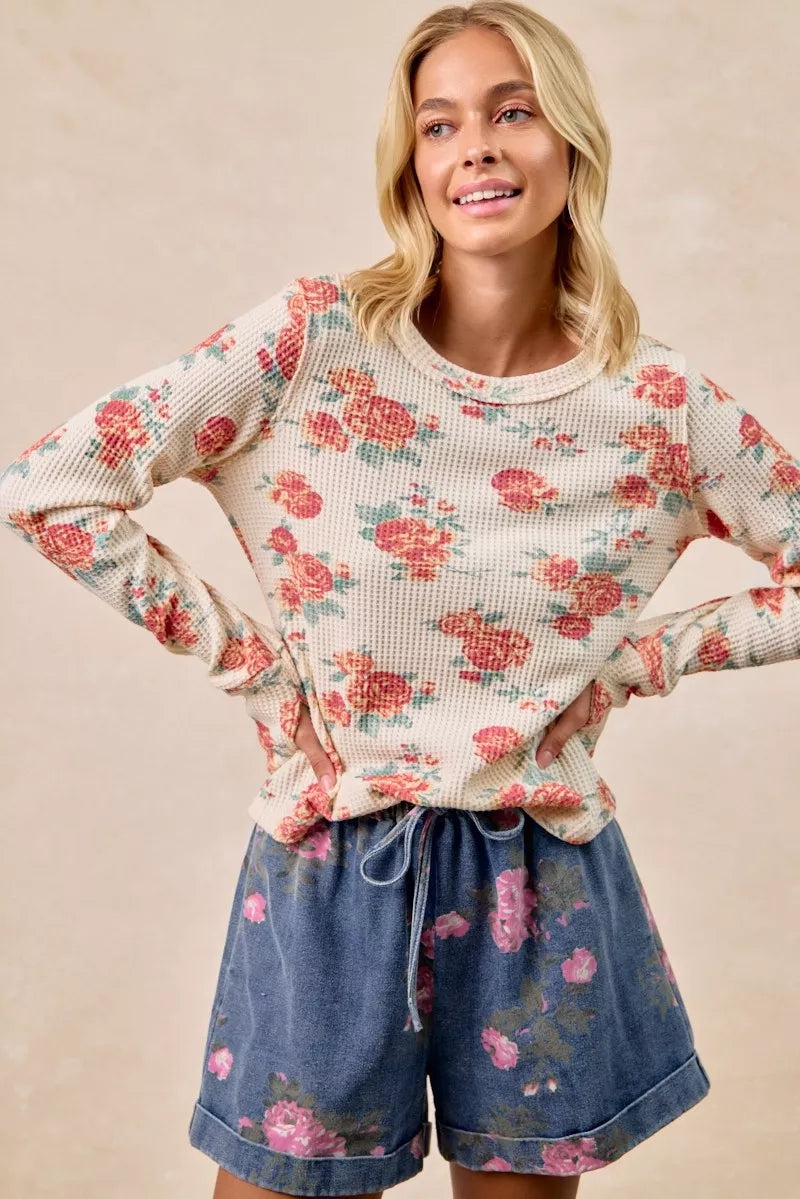 BiBi Floral Print Washed Waffle Thermal Top With Thumb - Trendsi - Flyclothing LLC