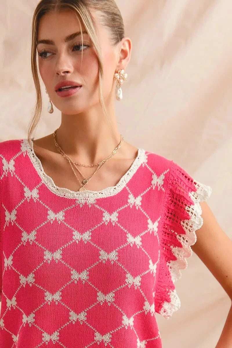 SO ME Bow Ribbon Pattern Sweater Top with Back Key Hole - Trendsi - Flyclothing LLC