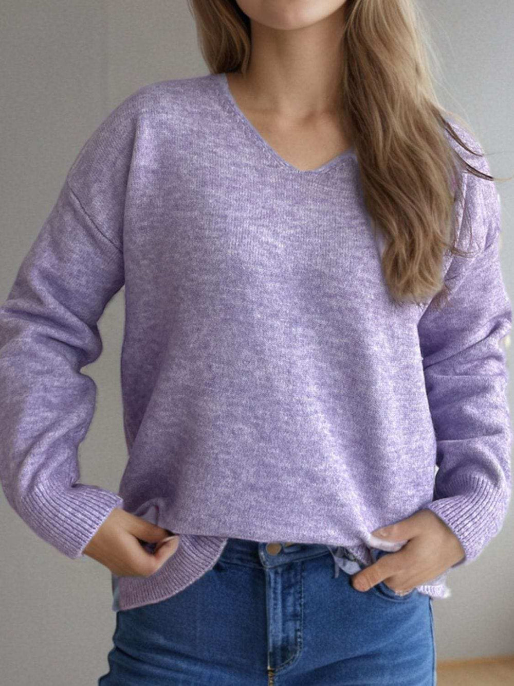 V-Neck Dropped Shoulder Long Sleeve Sweater - Trendsi - Flyclothing LLC