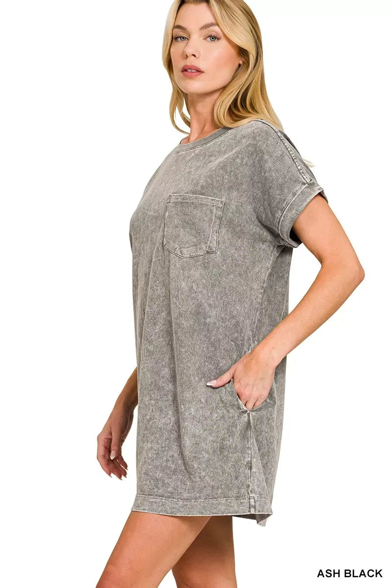 Zenana Halo Washed Premium Cotton T-Shirts Dress - Trendsi - Flyclothing LLC