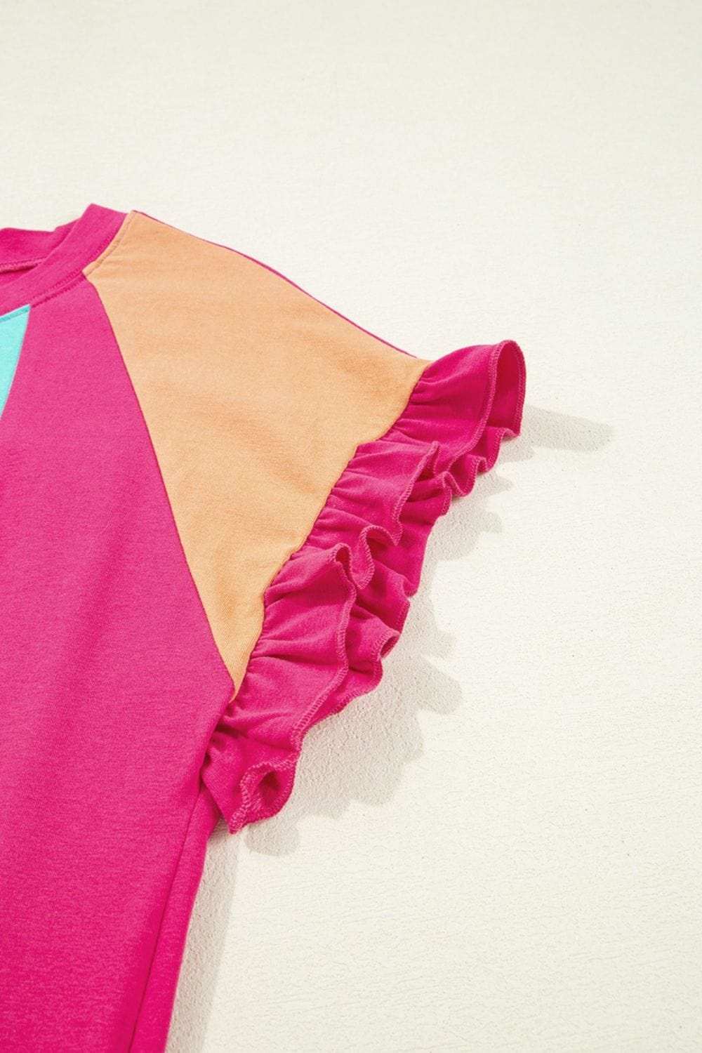 Frill Color Block Crew Neck Loose Fit T Shirt - Trendsi - Flyclothing LLC