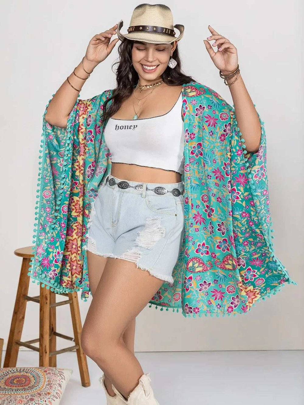 Plus Size Printed Open Front Cover-Up - Trendsi - Flyclothing LLC