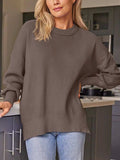 Slit Round Neck Dropped Shoulder Sweater - Trendsi - Flyclothing LLC
