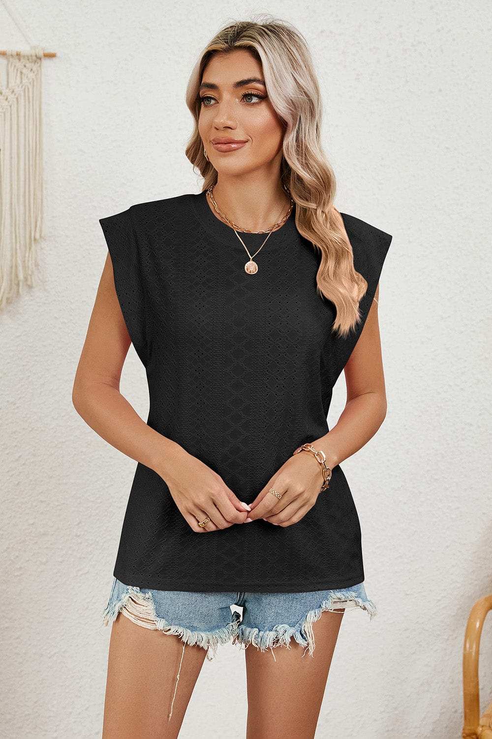 Eyelet Round Neck Tank - Trendsi - Flyclothing LLC