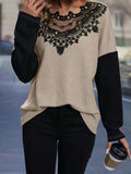 Lace Detail Color Block Long Sleeve T-Shirt - Trendsi - Flyclothing LLC