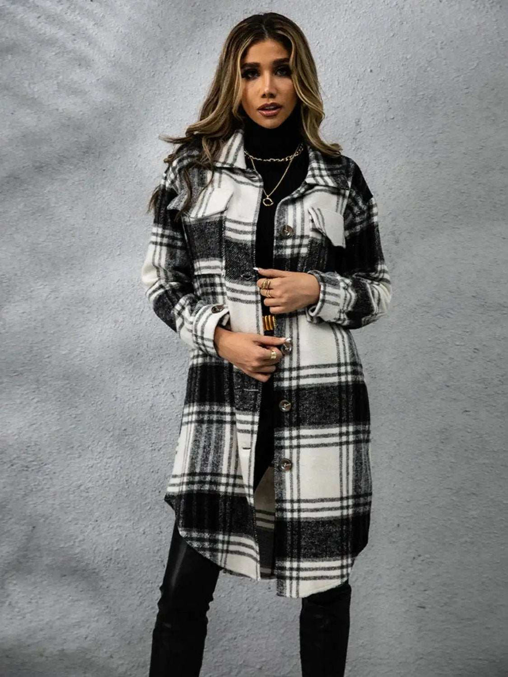 Plaid Collared Neck Long Sleeve Coat - Trendsi - Flyclothing LLC