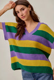 SO ME Mardi Gras Loose Fit V Neck Stripe Sweater Top - Trendsi - Flyclothing LLC