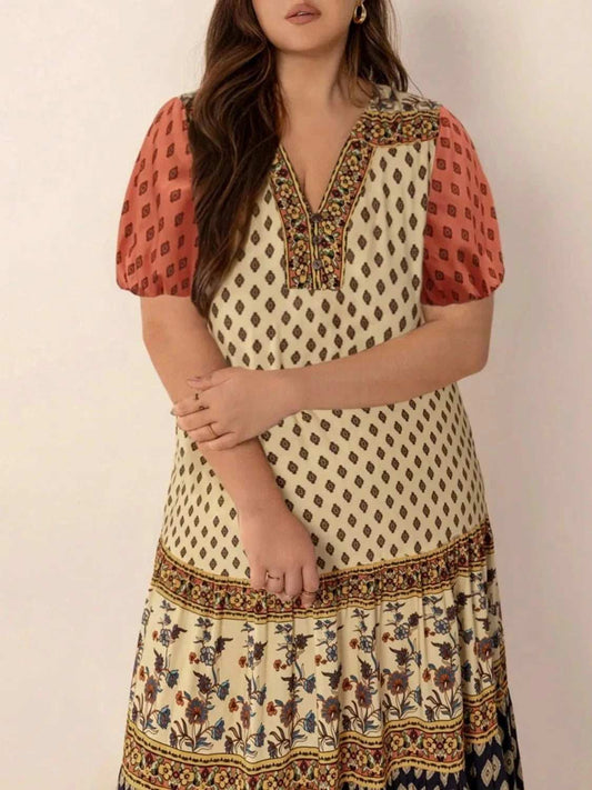 Plus Size Ruched Printed Short Sleeve Midi Dress - Trendsi - Flyclothing LLC