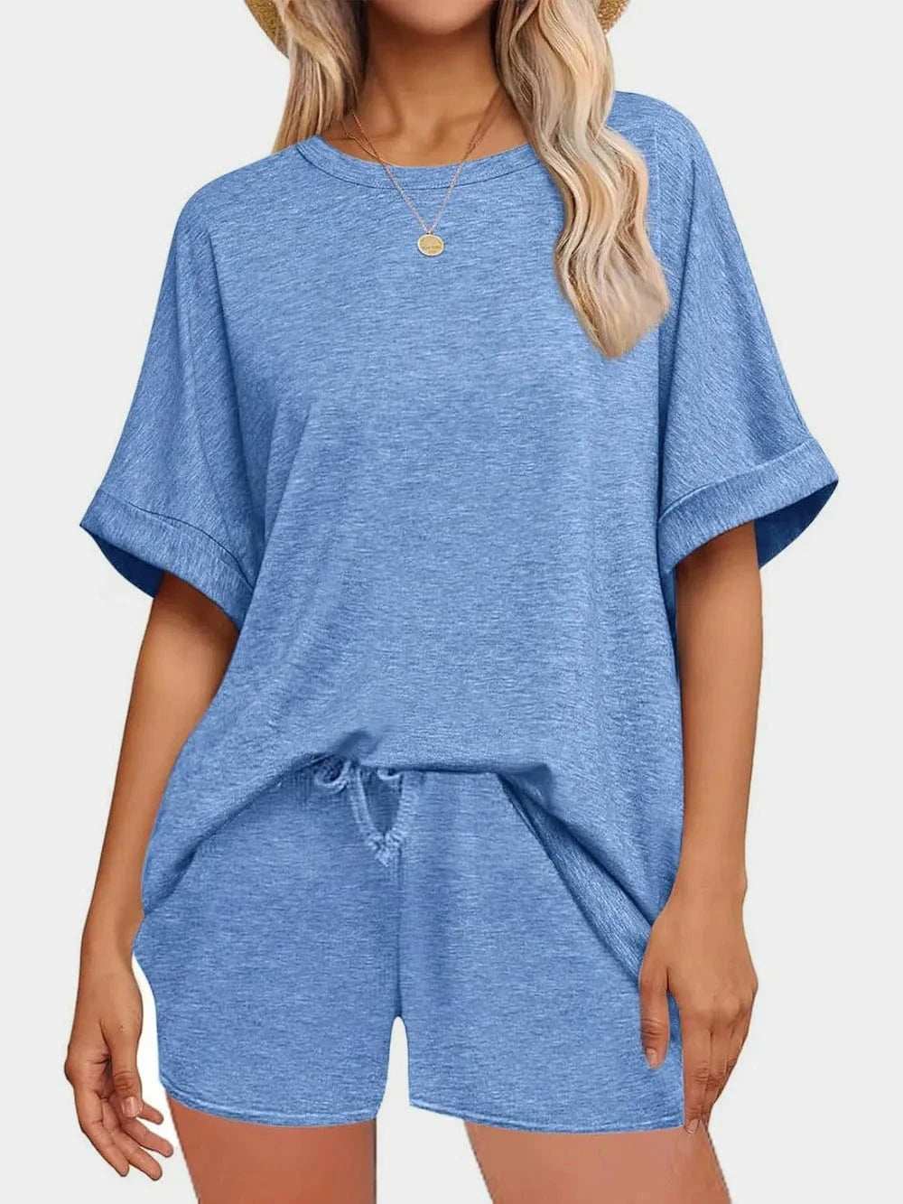 Round Neck T-Shirt and Drawstring Shorts Set - Trendsi - Flyclothing LLC