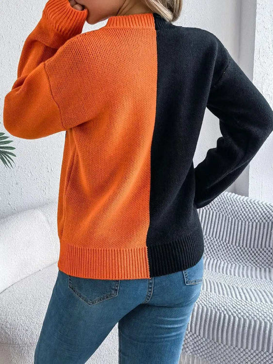 Contrast Round Neck Long Sleeve Sweater - Trendsi - Flyclothing LLC