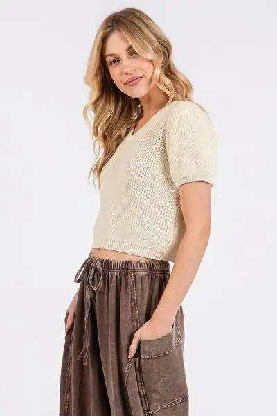 Mittoshop V-Neck Short Sleeve Crop Sweater - Trendsi - Flyclothing LLC