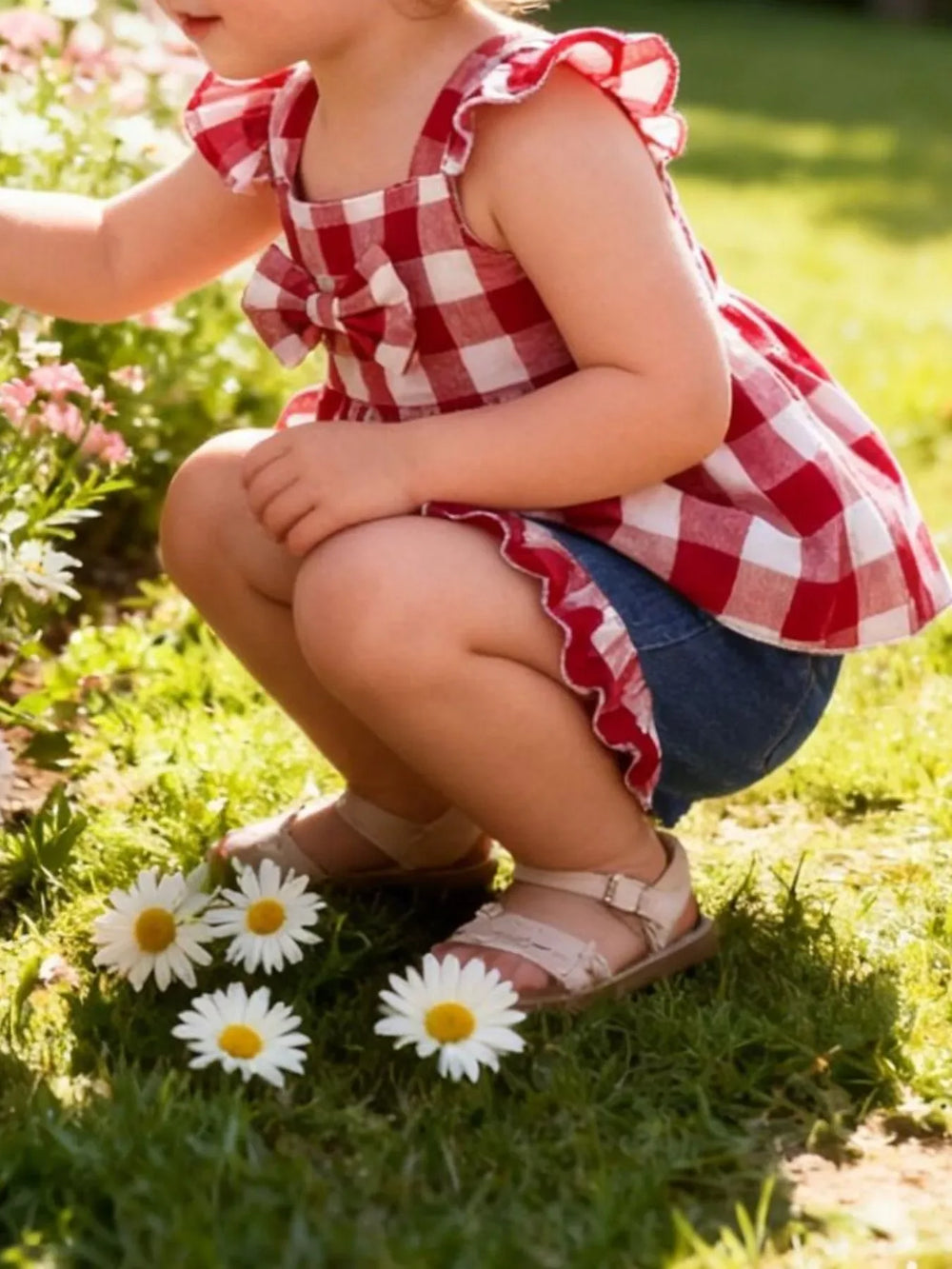 Children's Gingham Bowknot Ruffle Trim Top and Shorts Set - Trendsi - Flyclothing LLC