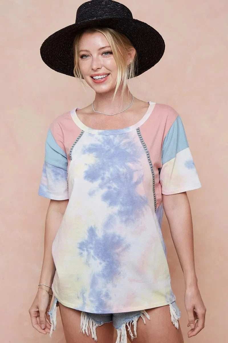 BiBi Tie Dye Printed Cotton Color Block T-Shirt - Trendsi - Flyclothing LLC