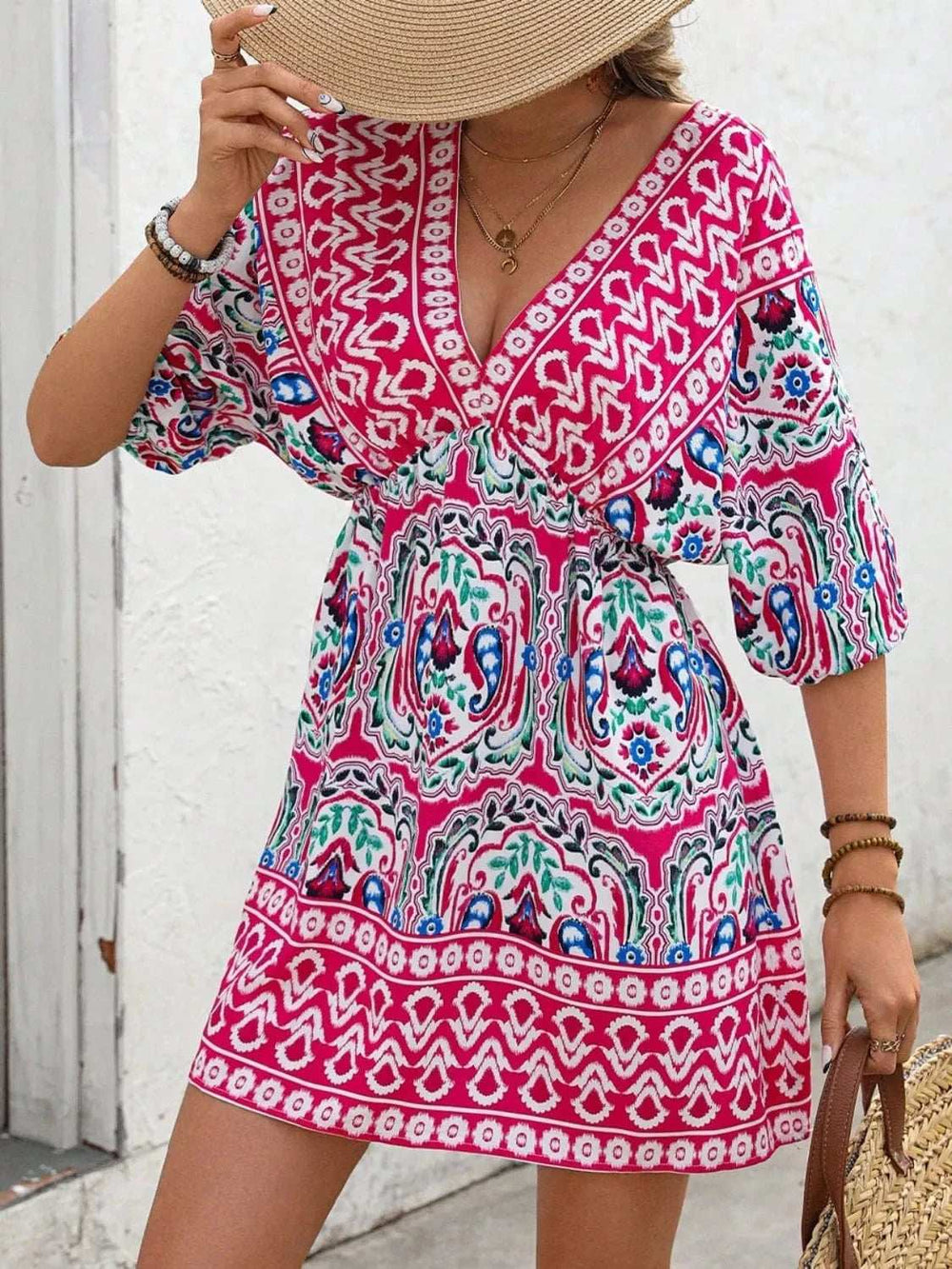 Printed Tie Back Half Sleeve Mini Dress - Trendsi - Flyclothing LLC