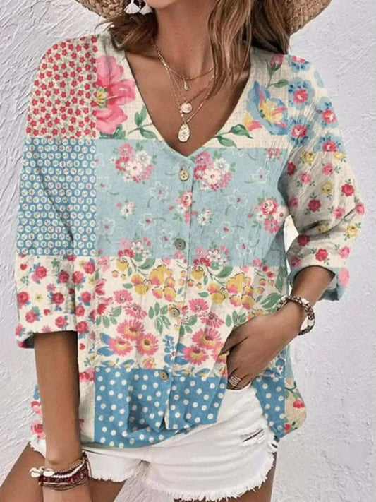 Full Size Printed V-Neck Blouse - Trendsi - Flyclothing LLC