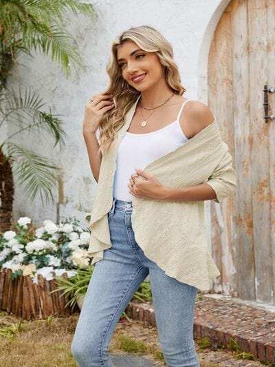 Eyelet Open Front Three-Quarter Sleeve Top - Trendsi - Flyclothing LLC