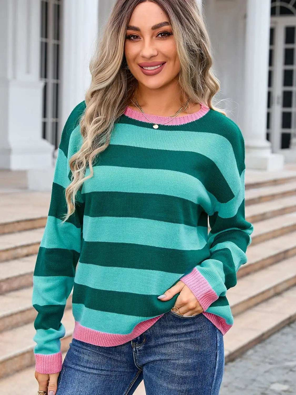 Striped Round Neck Dropped Shoulder Sweater - Trendsi - Flyclothing LLC