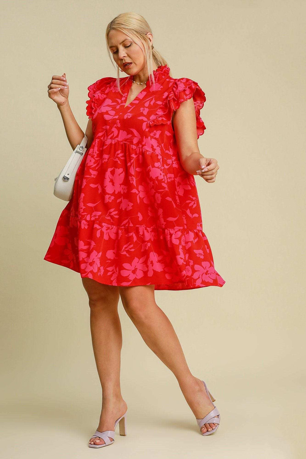 Umgee Full Size Two Tone Floral Print Ruffle Cap Sleeve Mini Dress Plus Size - Trendsi - Flyclothing LLC