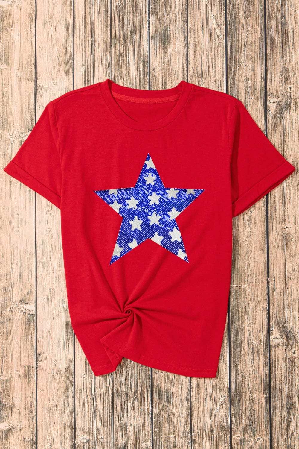 Sequin Star Round Neck Short Sleeve T-Shirt - Trendsi - Flyclothing LLC