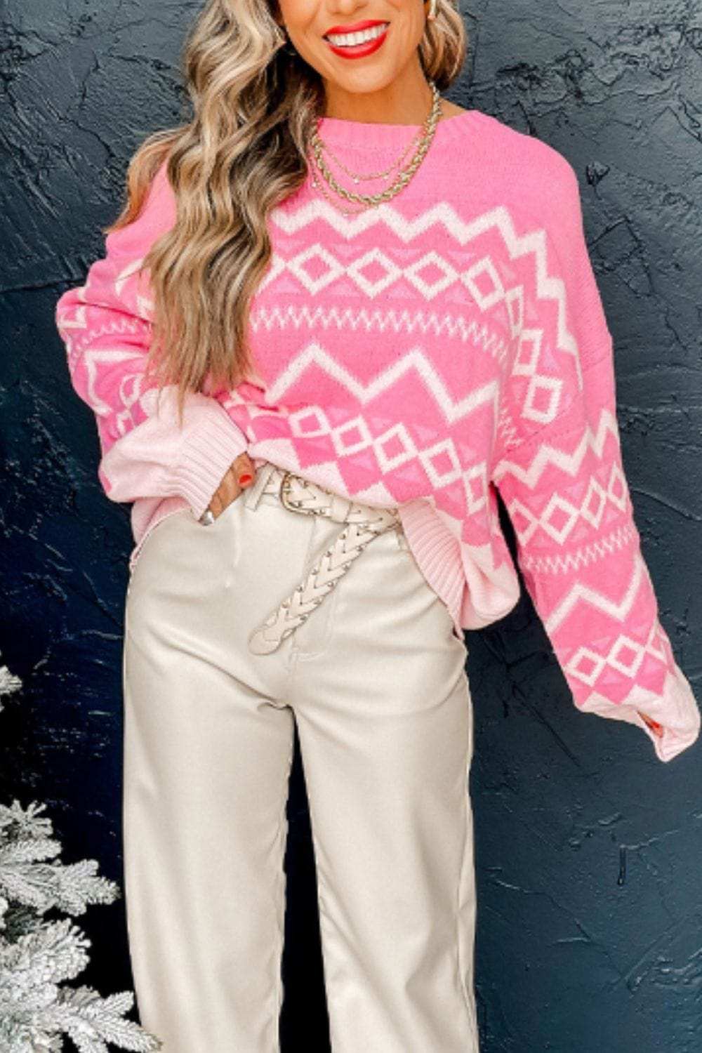 Geometric Drop Shoulder Long Sleeve Sweater - Trendsi - Flyclothing LLC