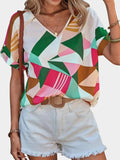 Printed V-Neck Short Sleeve Blouse - Trendsi - Flyclothing LLC