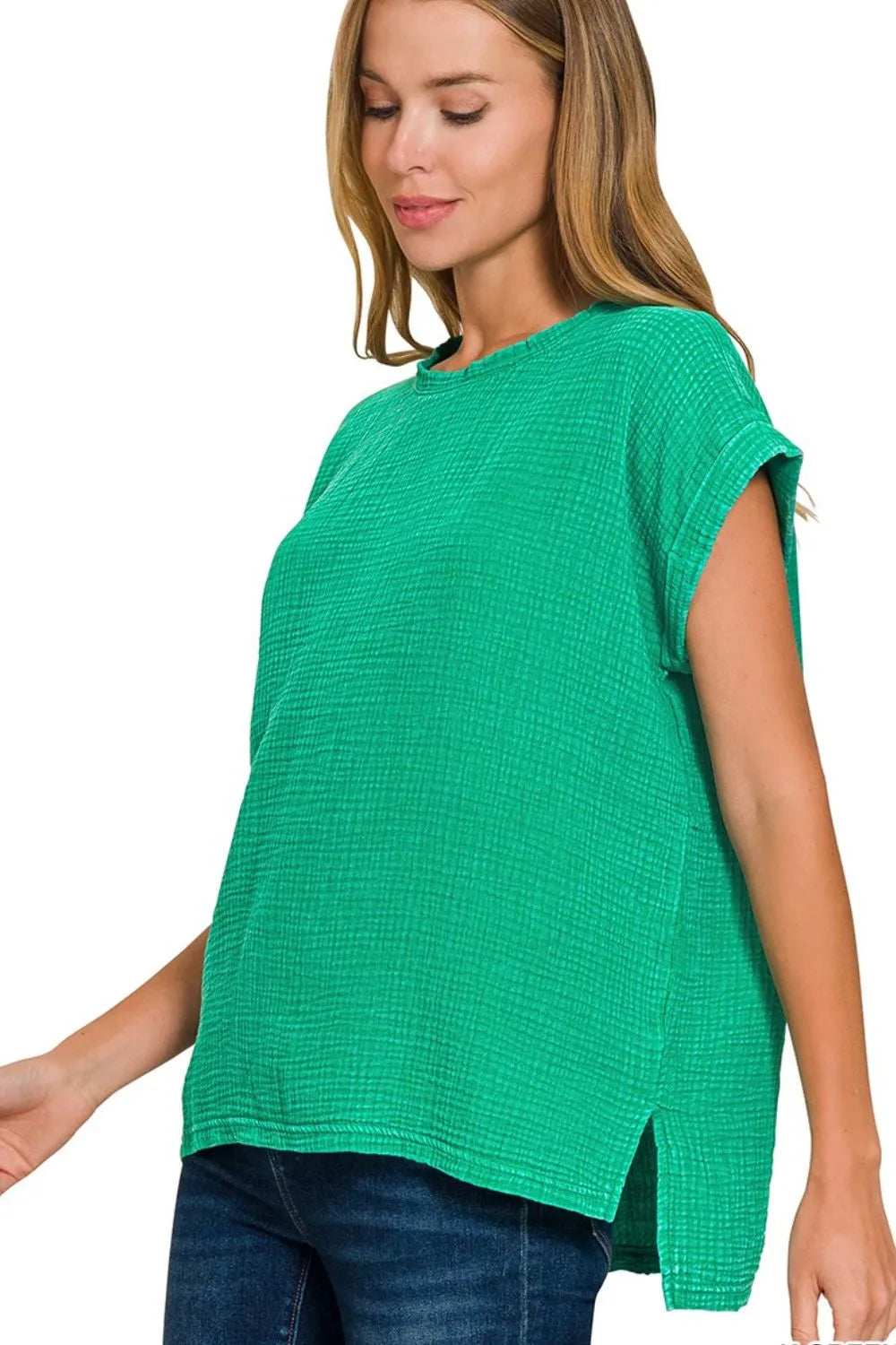 Zenana Woven Double Gauze Acid Washed Short Sleeve Top - Trendsi - Flyclothing LLC