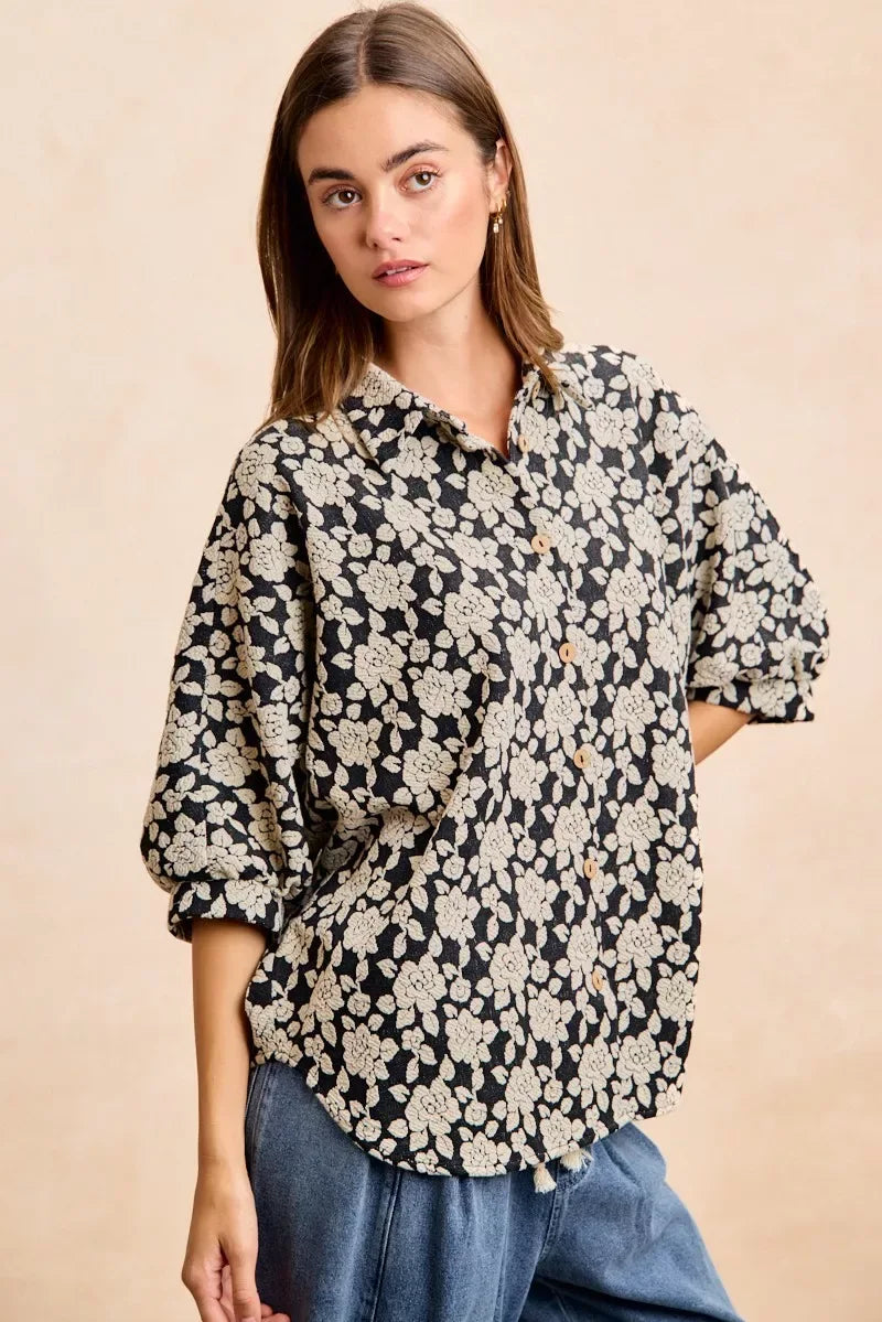 BiBi Floral Jacquard Short Dolman Sleeves Shirt - Trendsi - Flyclothing LLC
