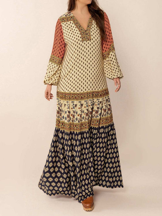 Printed V-Neck Balloon Sleeve Maxi Dress - Trendsi - Flyclothing LLC
