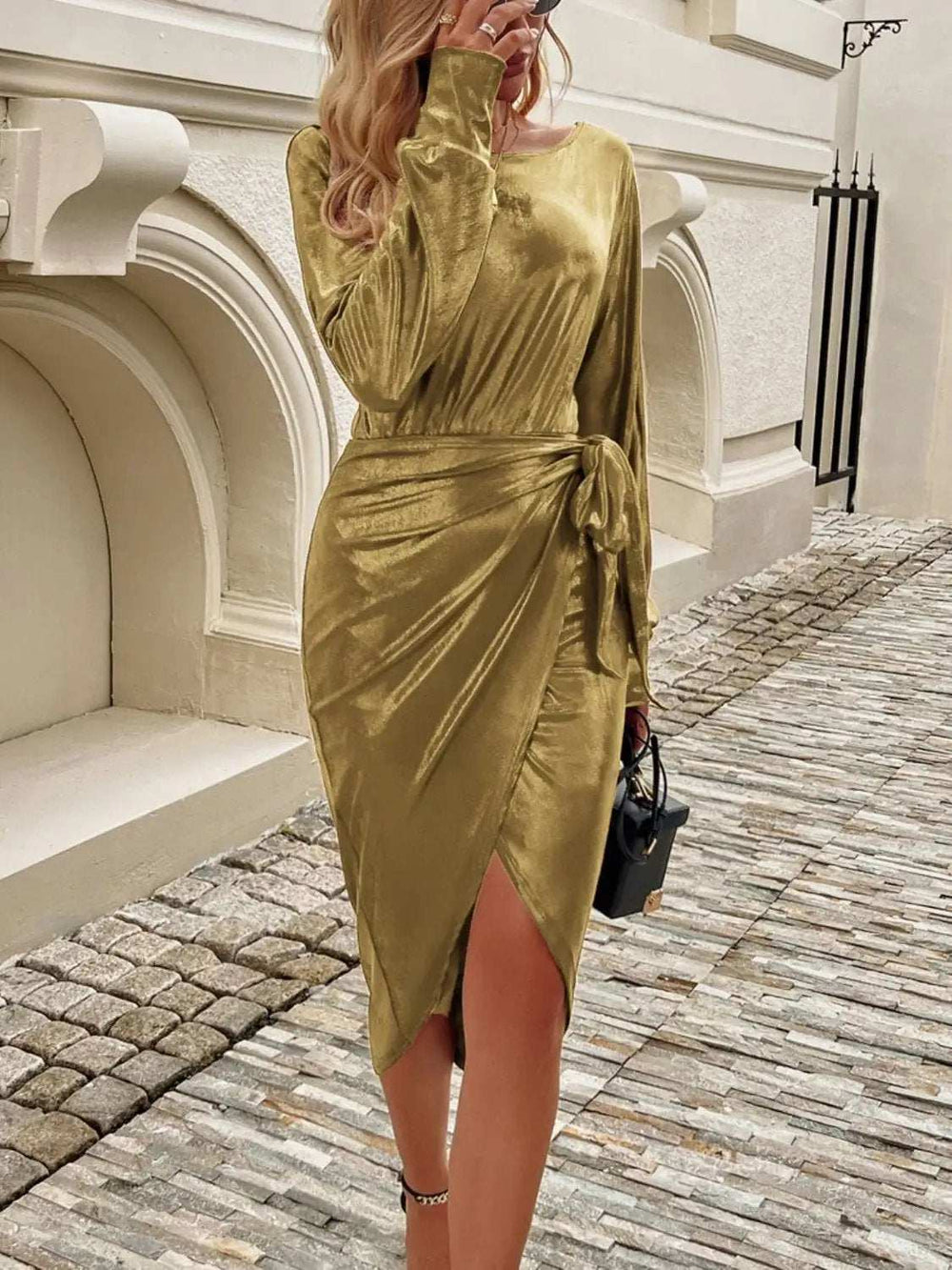 Devine Tied Boat Neck Long Sleeve Dress - Trendsi - Flyclothing LLC