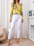 Ruffled Printed V-Neck Long Sleeve Blouse - Trendsi - Flyclothing LLC