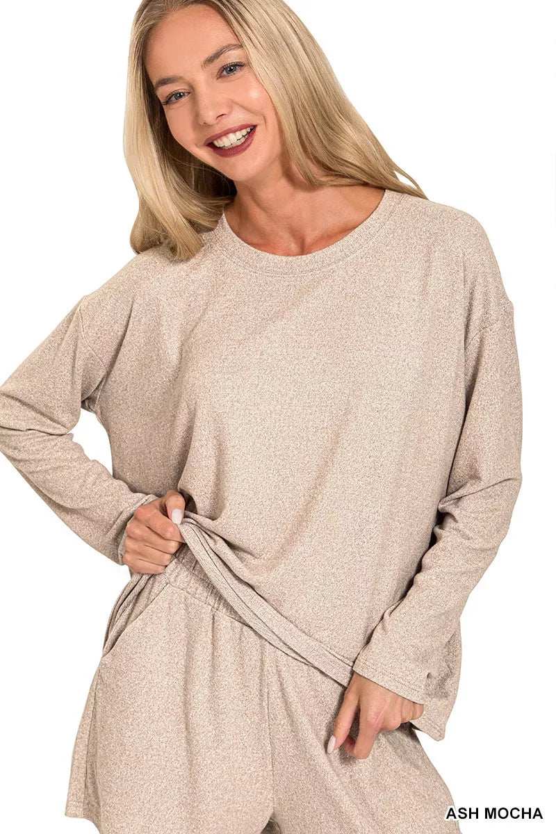 Zenana Soft Melange Long Sleeve Tee and Shorts Set - Trendsi - Flyclothing LLC