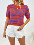 Openwork Striped Round Neck Short Sleeve Knit Top - Trendsi - Flyclothing LLC