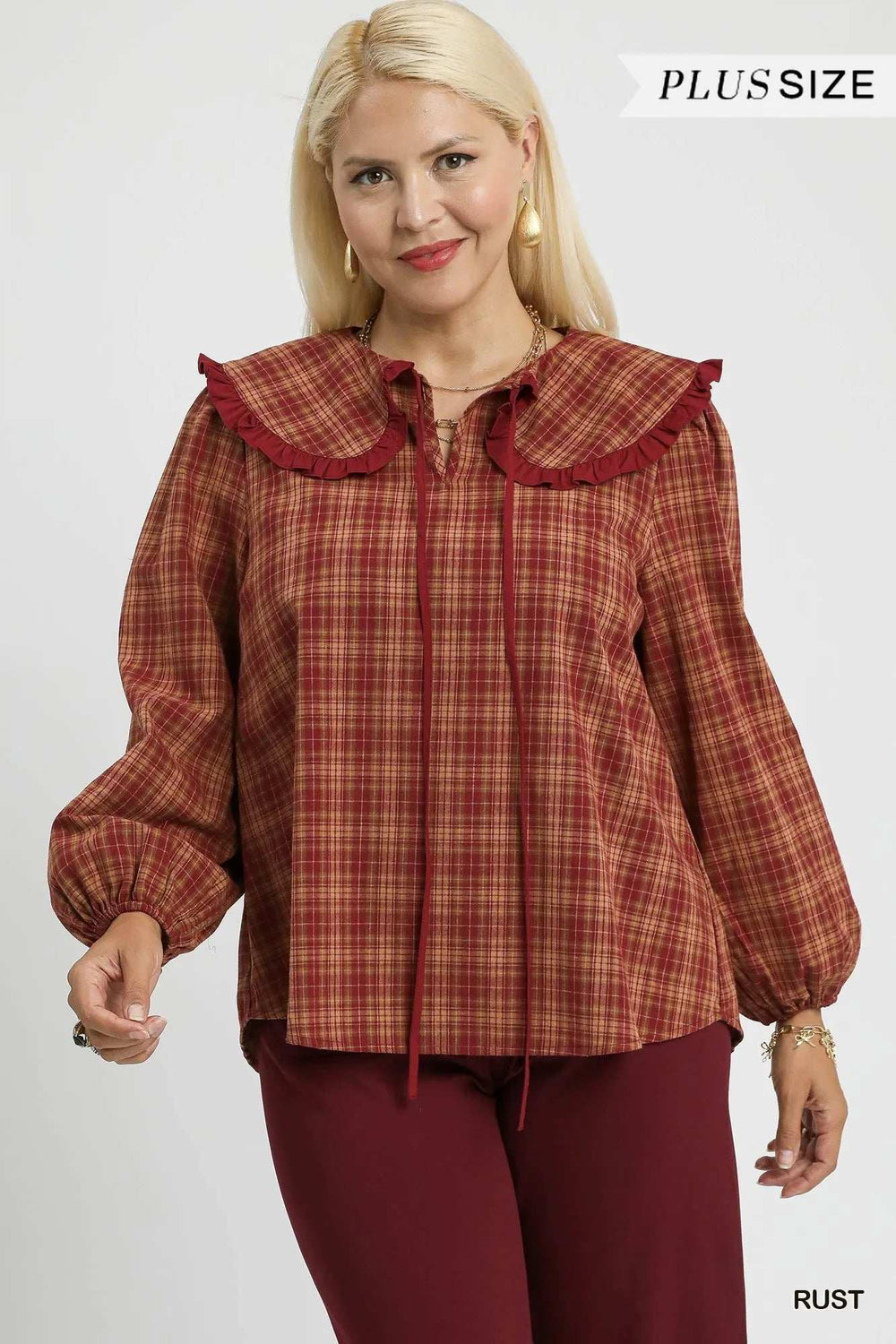 Umgee Full Size Plaid Ruffle Collar Blouse Plus Size - Trendsi - Flyclothing LLC