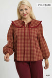 Umgee Full Size Plaid Ruffle Collar Blouse Plus Size - Trendsi - Flyclothing LLC