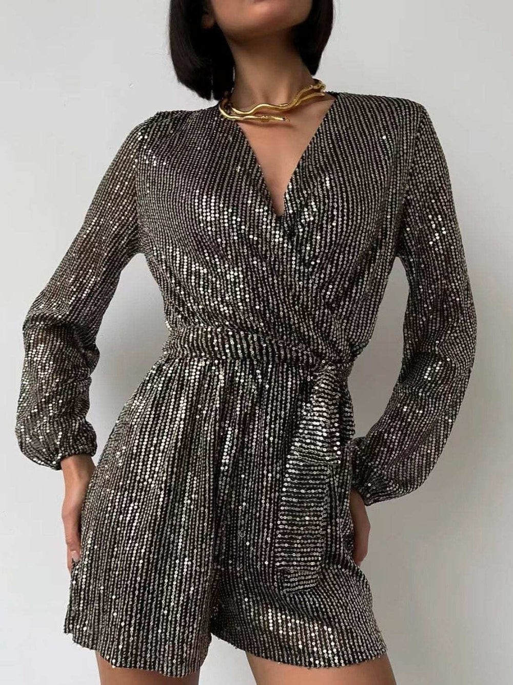 Full Size Sequin Surplice Tie Waist Long Sleeve Romper - Trendsi - Flyclothing LLC